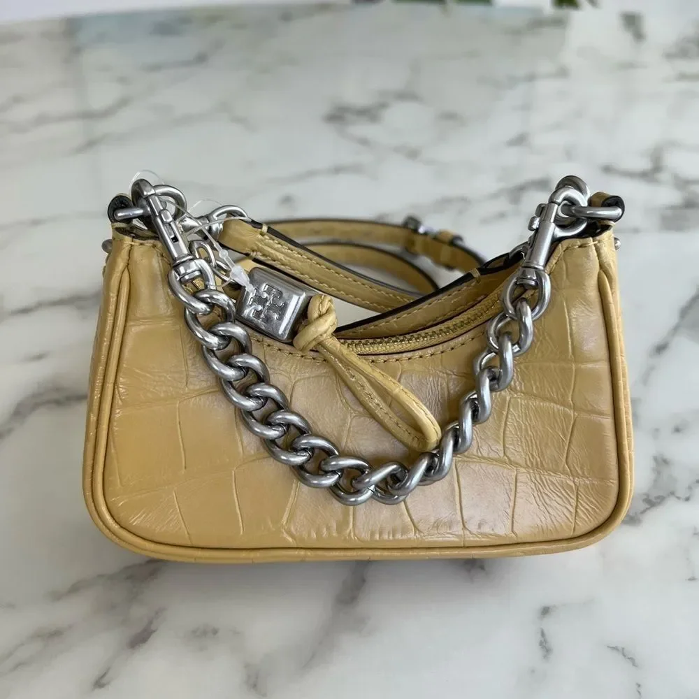 NWT Tory Burch Mercer Embossed Nano Crossbody Bag Beeswax Yellow Mini Chain Croc